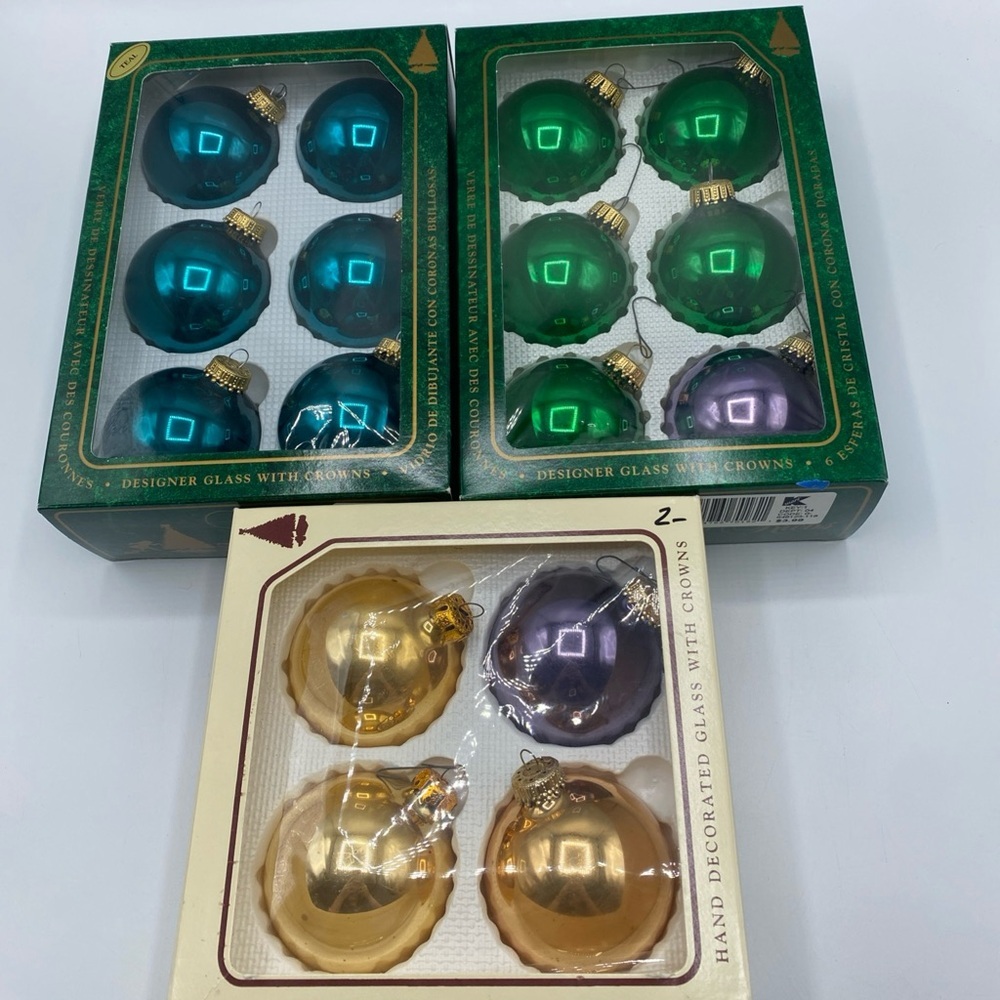 Vintage Christmas By Krebs Glass Ornaments  16 Balls 3 Boxes Blue, Green Gold
